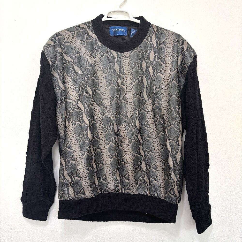 Saxony Maximalist Leather Snakeskin Print Men Sweater Large Luxury Vintage